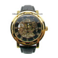 Custom Sports Gold Tone Leather Band Automatic Wrist Watch Men